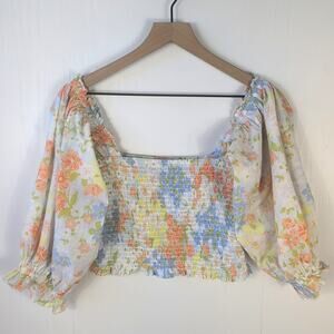 Billabong Feeling Groovy Top Womens L Floral Puff Sleeve Smocked Crop Blouse